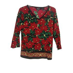 Take Two vintage Women Top T shirt Christmas poinsettia sequin M v neck pullover